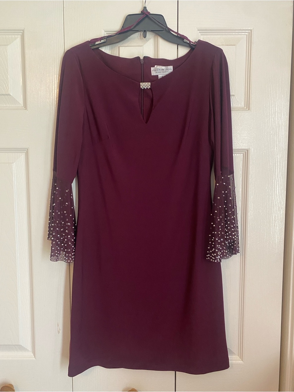 Jackie Jon New York Wine colored Dress with Beaded Bell Sleeves  Sz 8